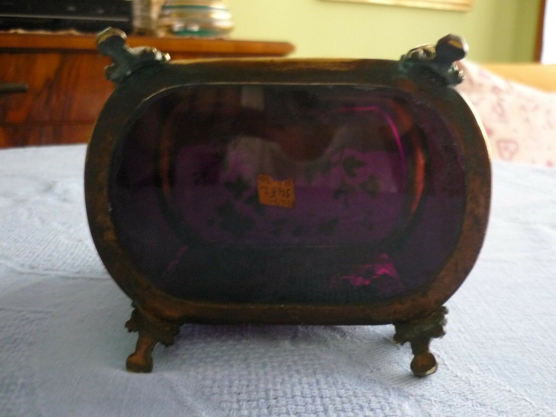 Antique Huge French Glass Casket Trinket Box Hand Enameled 1840 Circa Amethyst