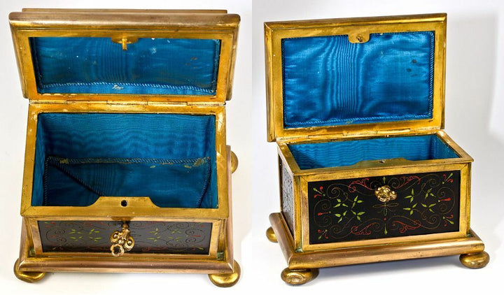 Antique French Pietra Dura & Bronze Jewelry Casket, Box, Painted Marble