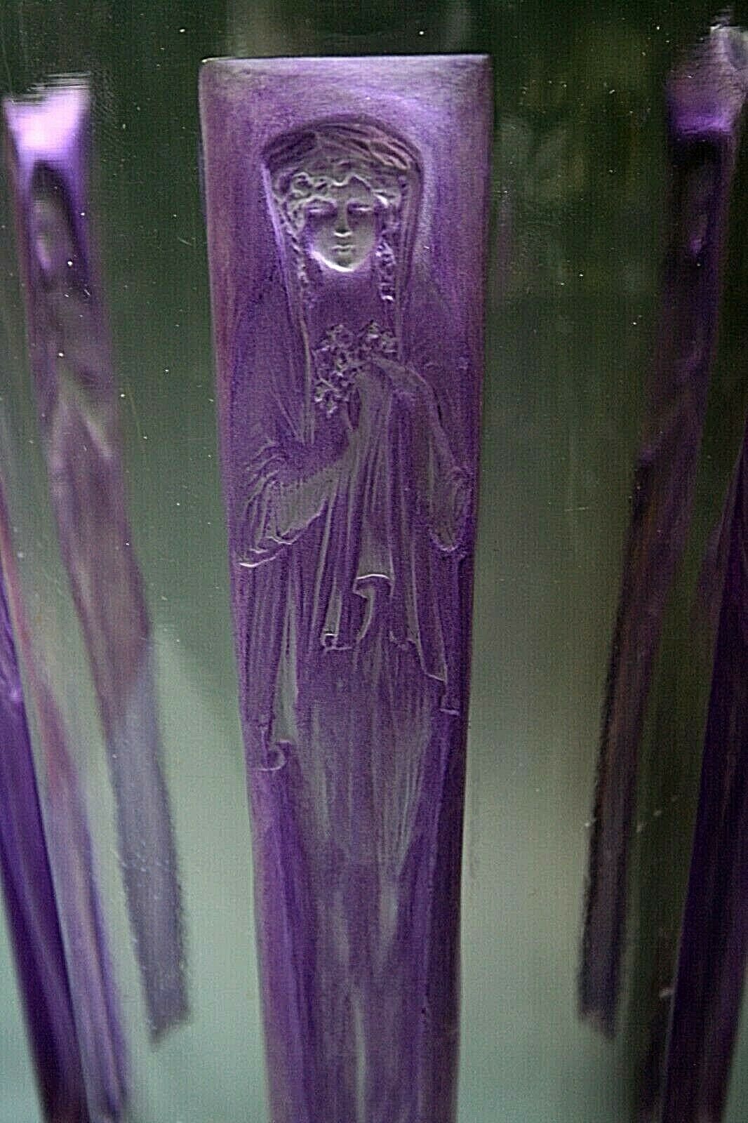 RENE LALIQUE " SIX FIGURINES " GLASS VASE WITH PURPLE PATINA