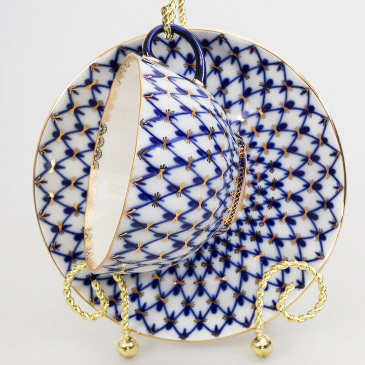 Classic Cobalt Net Teacup and Saucer by Imperial Porcelain Lomonosov LFZ IFZ