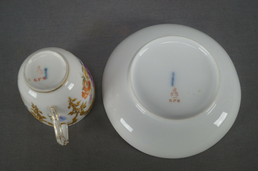 KPM Berlin Neuzierat Hand Painted Floral & Raised Gold Demitasse Cup & Saucer E