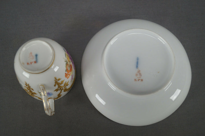 KPM Berlin Neuzierat Hand Painted Floral & Raised Gold Demitasse Cup & Saucer E