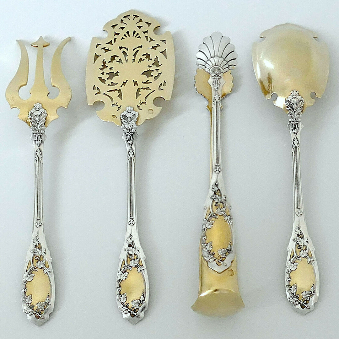 Puiforcat French Sterling Silver 18k Gold Dessert Set 4 Pc, Box, Moderne