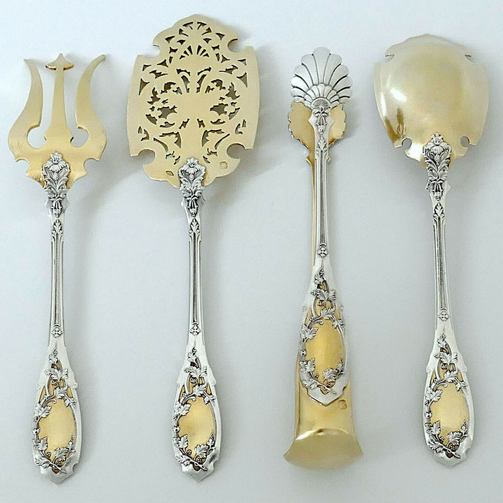 Puiforcat French Sterling Silver 18k Gold Dessert Set 4 Pc, Box, Moderne