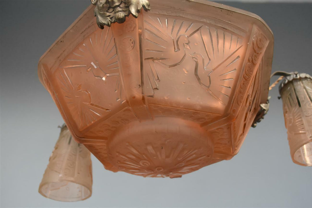 Lustre à tulipes années 1930 Art déco verre moulé Muller Frères