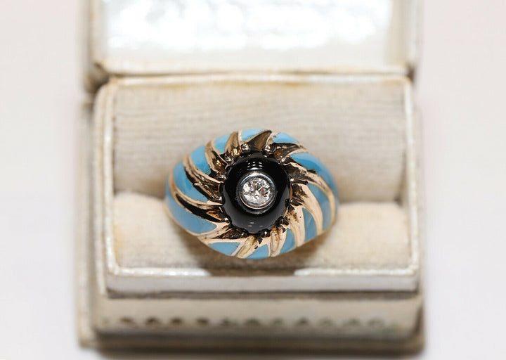 オールド 14K ナチュラルダイヤモンド、オニキス、エナメルのリング