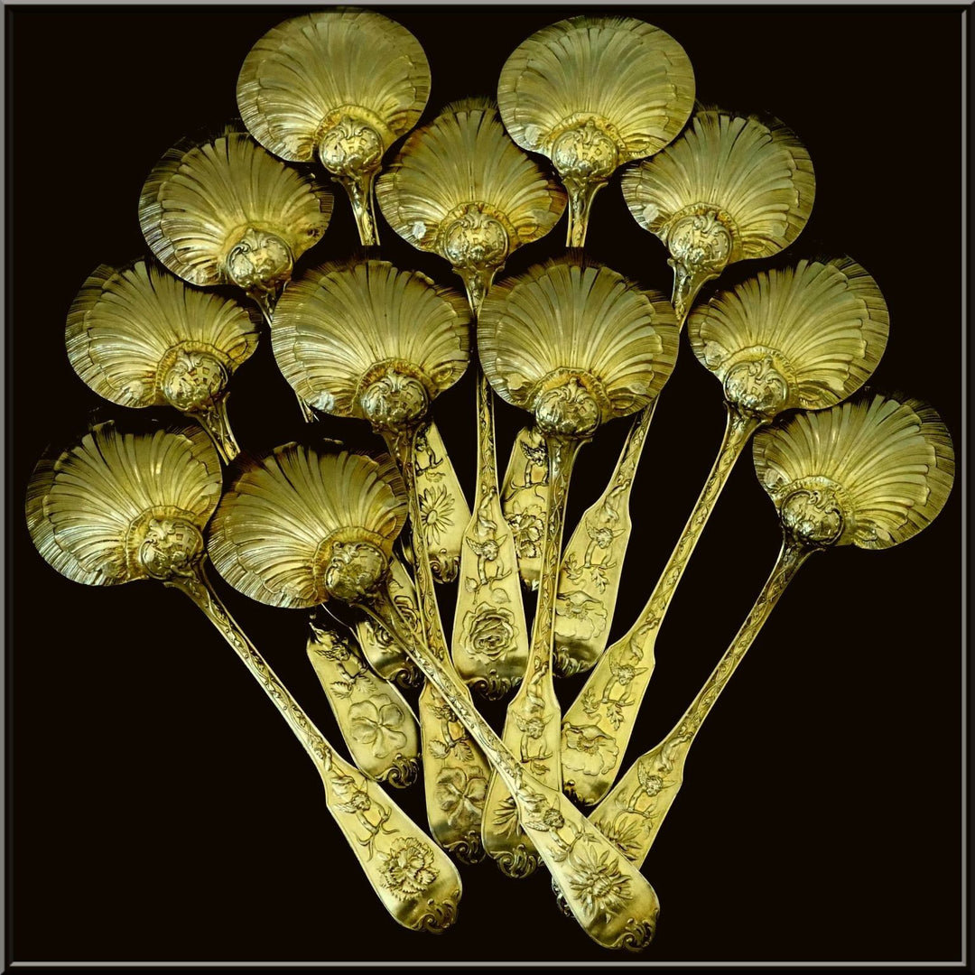 Puiforcat Masterpiece French Sterling Silver 18k Gold Ice Cream Set w/box Putti