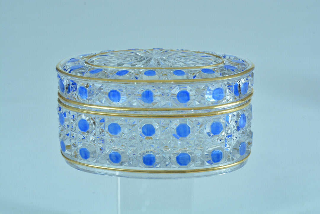 Boite en cristal de Baccarat Diamants Pierreries doublé bleu & filets or rare