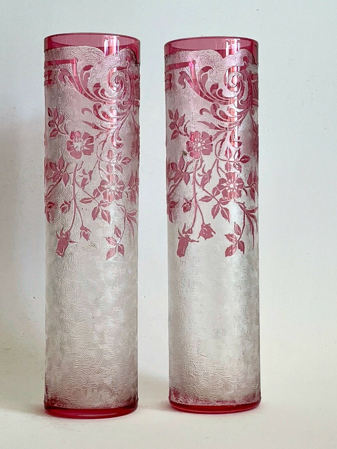 Val Saint Lambert Antique Original crystal Cameo Acid Enamel Vases VSL Baccarat