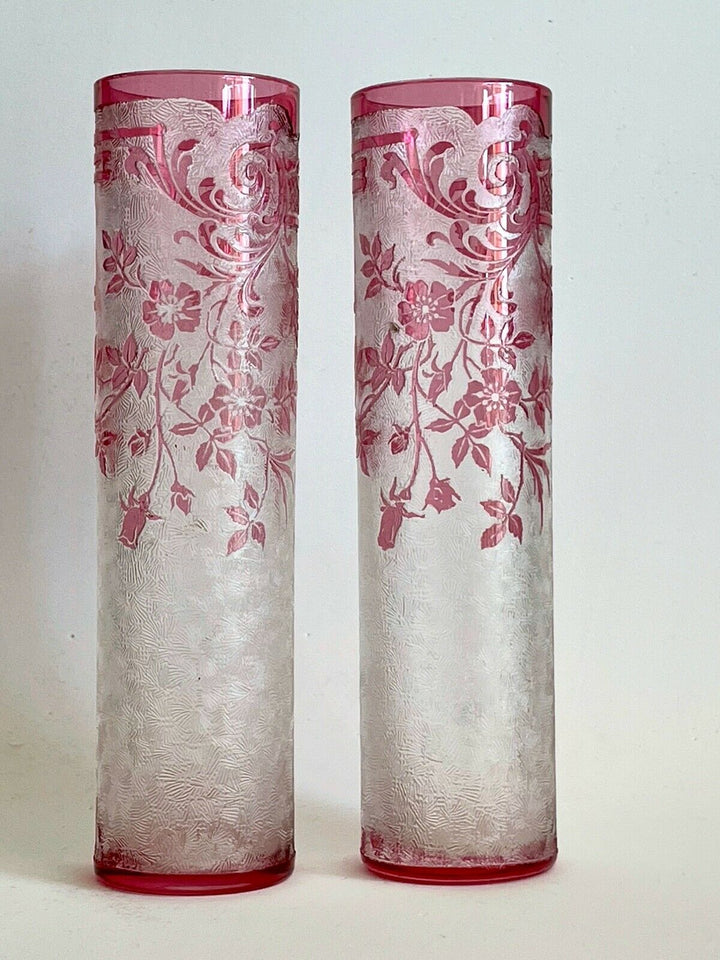 Val Saint Lambert Antique Original crystal Cameo Acid Enamel Vases VSL Baccarat