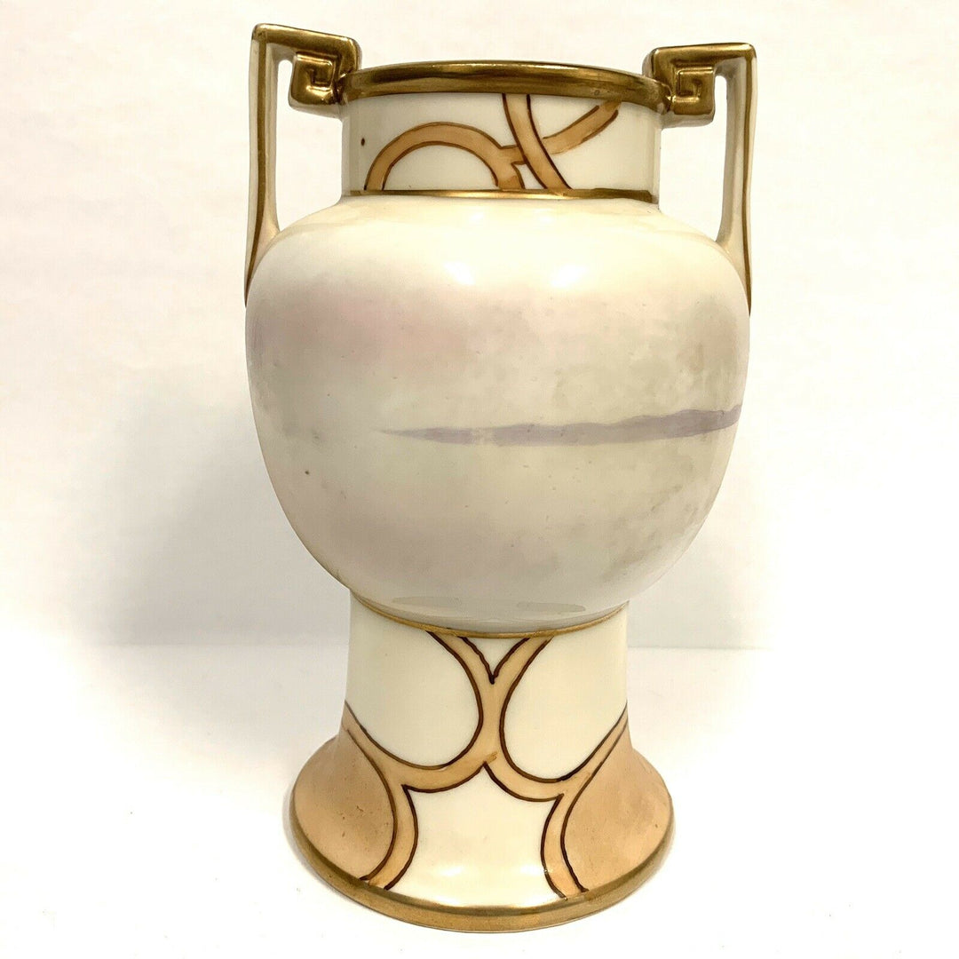 Vintage Nippon Art Deco Vase Hand Painted Morimura Bros Lake w Lotus Tree 6”