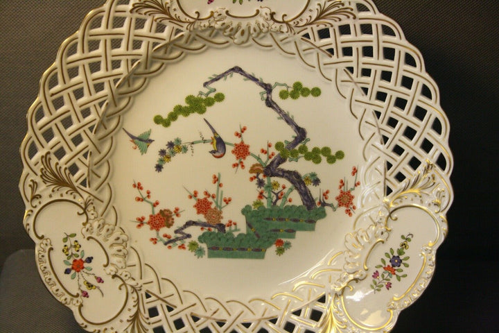 GROßER 28,5CM PRUNK TELLER FELS,AST,BLUMEN VOGEL MALEREI KAKIEMON MEISSEN 1.WAHL