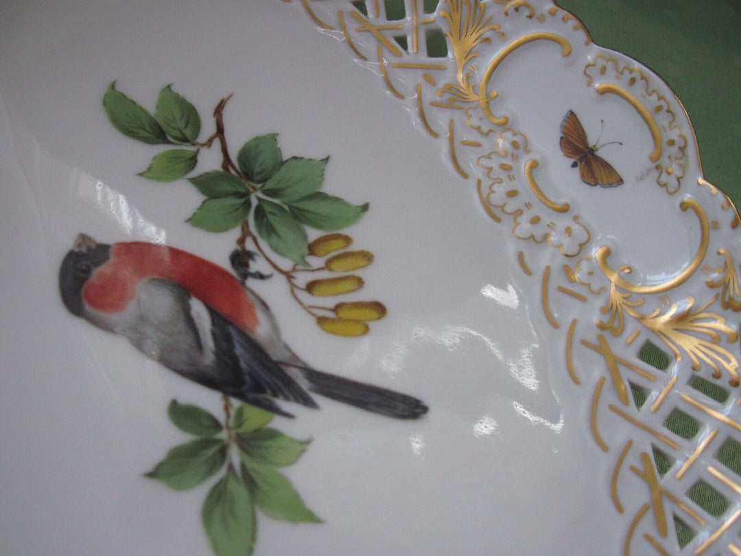 Schöne Meissen Korb-Schale mit Vogel-Dekor, Insekten und Gold