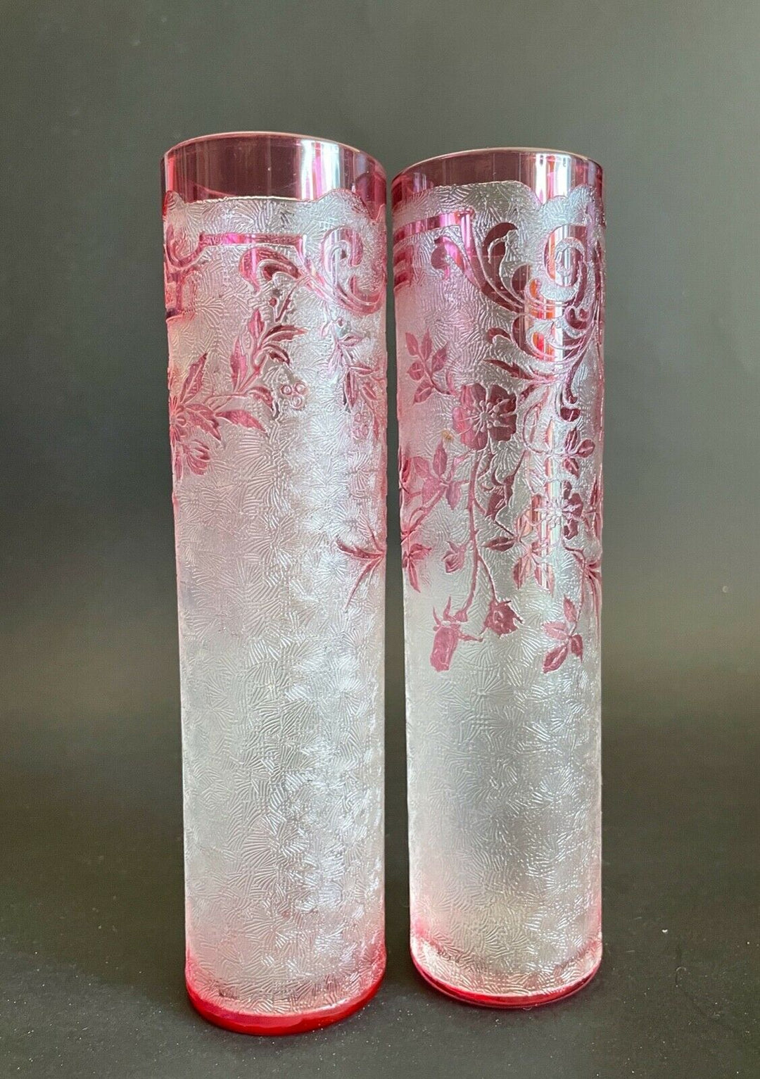 Val Saint Lambert Antique Original crystal Cameo Acid Enamel Vases VSL Baccarat