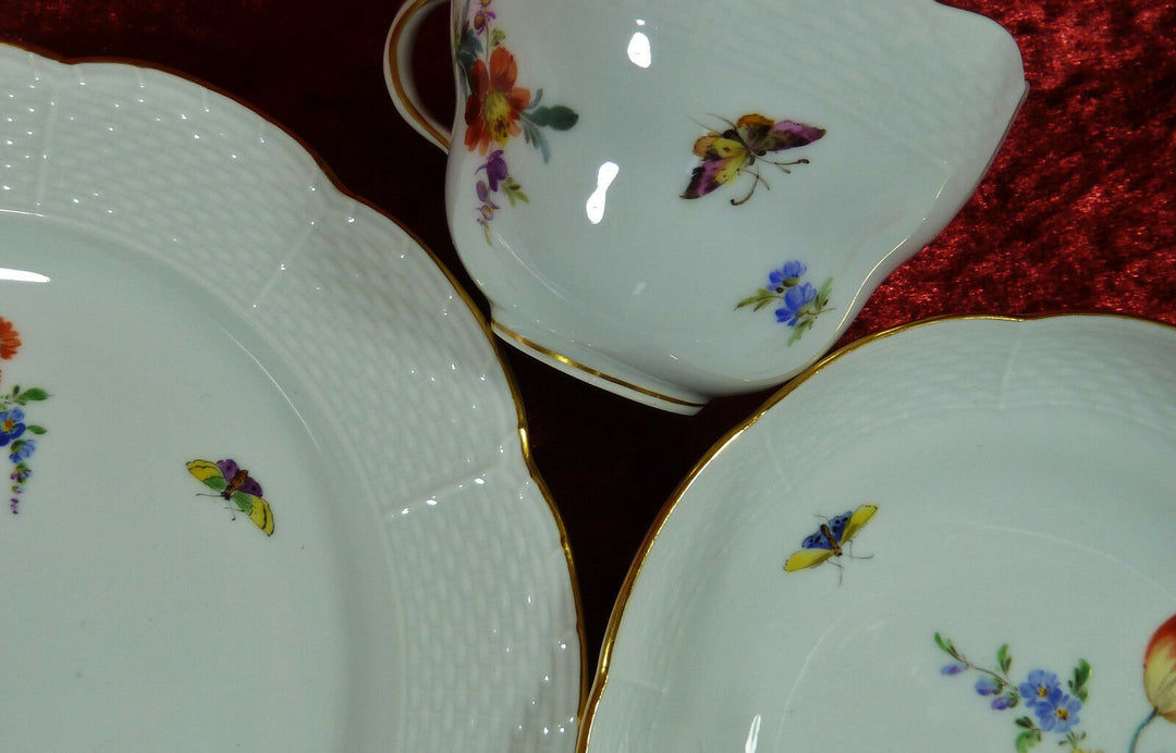 Meissen 3tlg. Kaffee Gedeck Osier * Blumen & Insekten * Pfeifferzeit - 1.Wahl