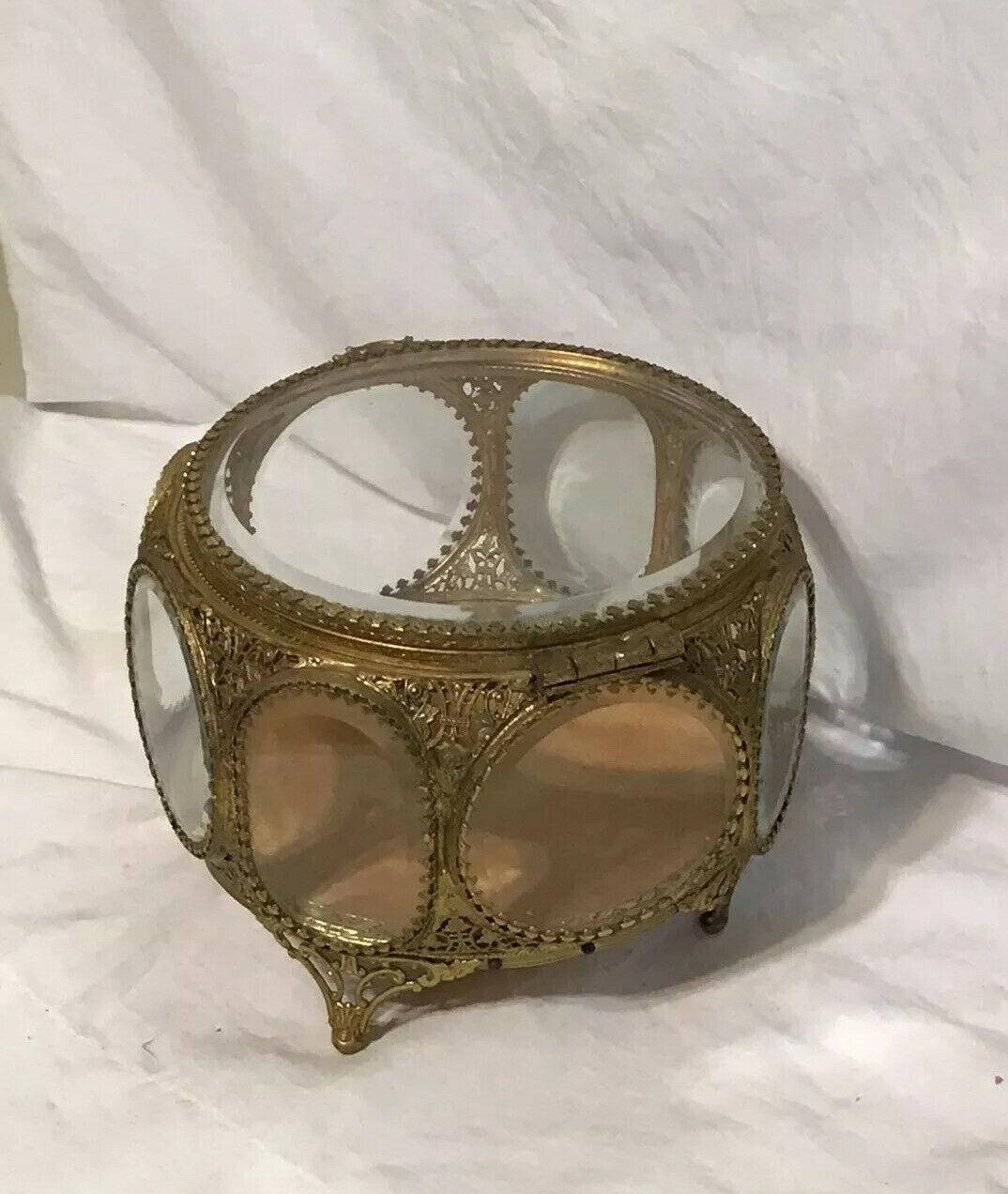 Vintage Filigree Ormolu Jewelry Casket 8 Sided Beveled Glass Ornate Trinket Box