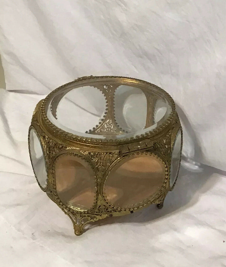 Vintage Filigree Ormolu Jewelry Casket 8 Sided Beveled Glass Ornate Trinket Box
