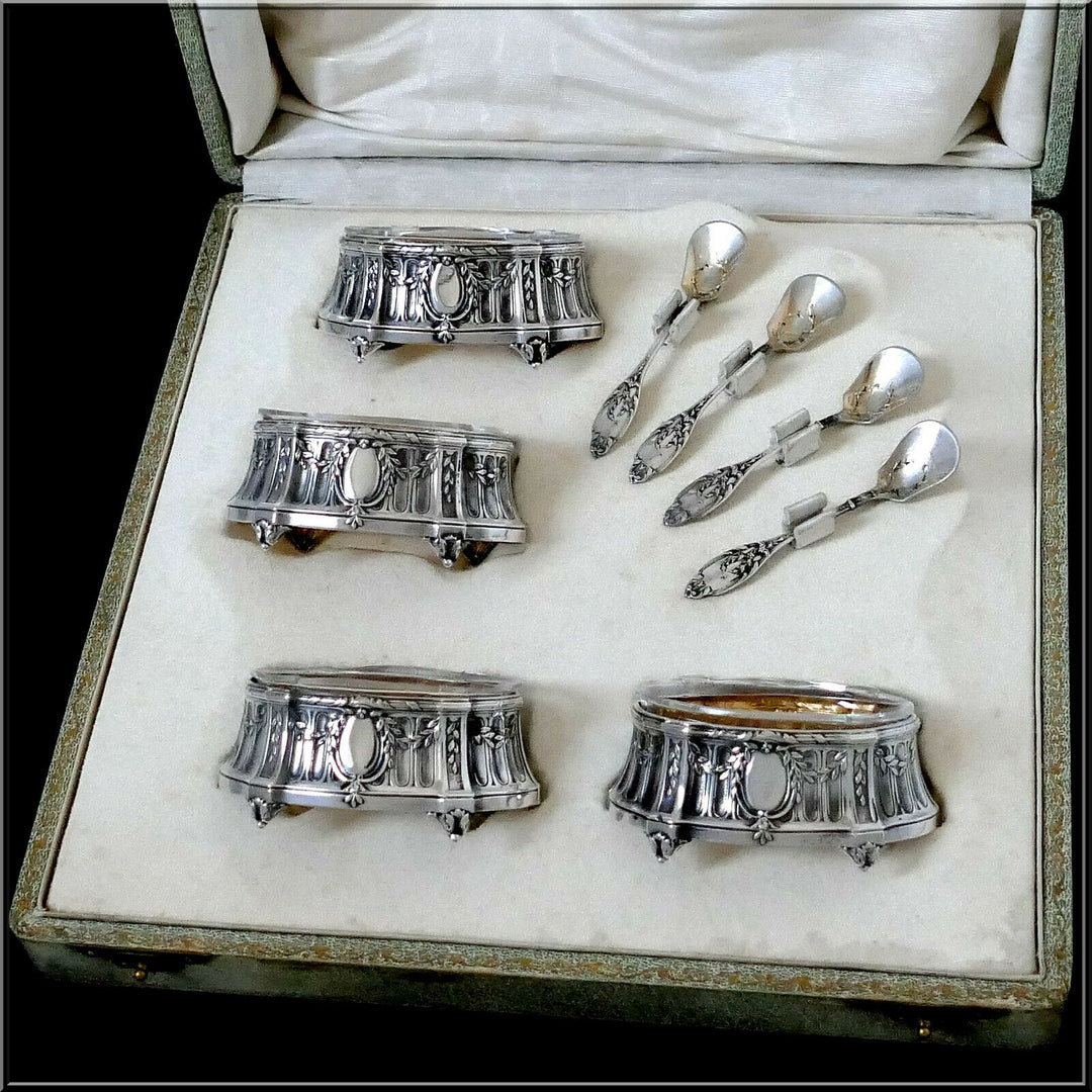 Lefebre French Sterling Silver 18k Gold 4 Salt Cellars, Spoons, Original Box