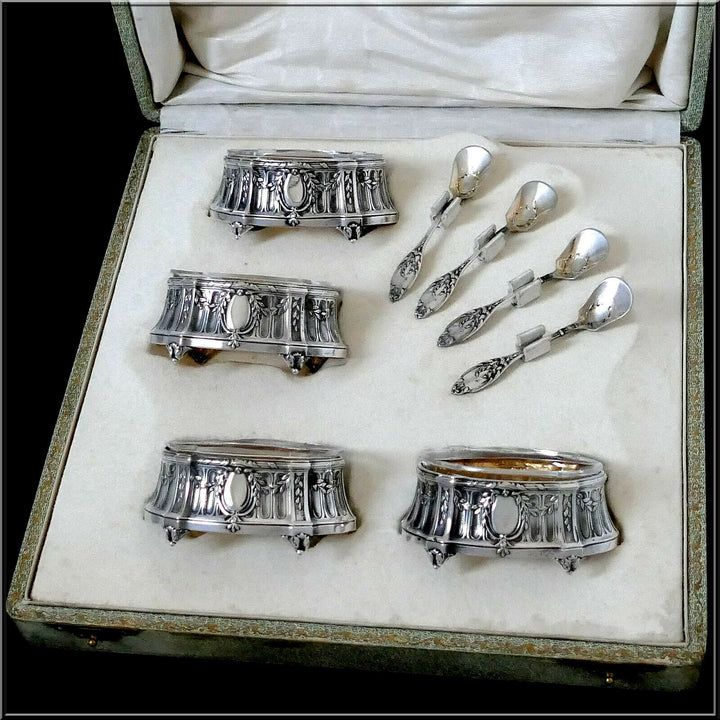 Lefebre French Sterling Silver 18k Gold 4 Salt Cellars, Spoons, Original Box