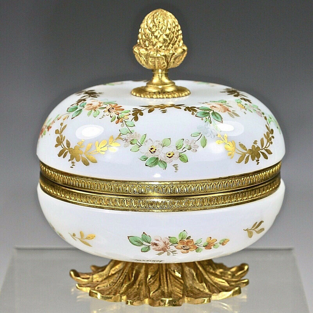 Antique French opaline crystal glass trinket hinged Box signed R.Noirot