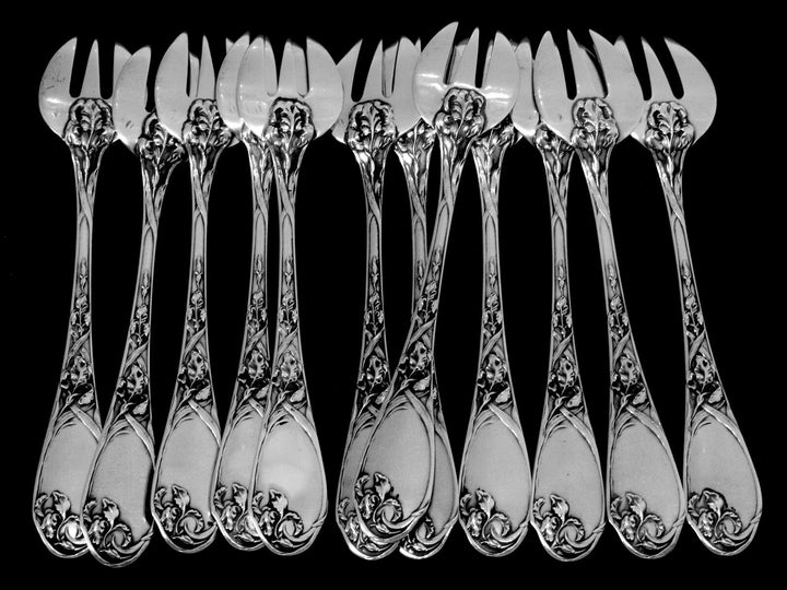 Puiforcat Fabulous French All Sterling Silver Oyster Forks 12 pc Iris Pattern
