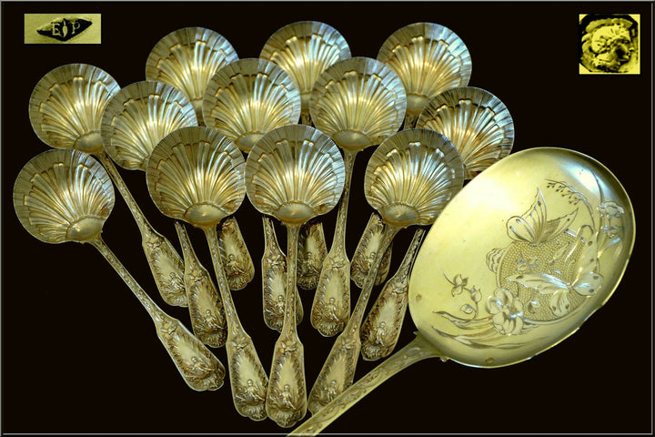 Puiforcat Masterpiece French Sterling Silver 18k Gold Ice Cream Set w/box Putti