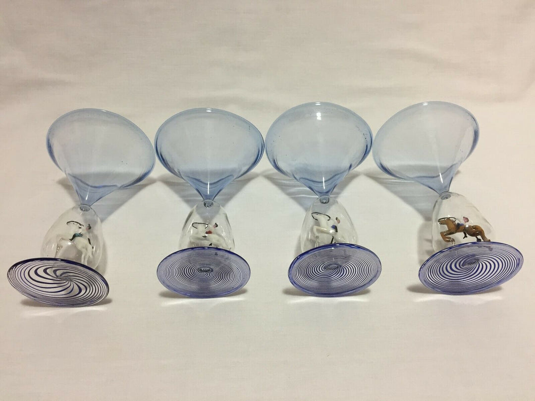Bimini glass goblets, set of 4, polo riders, collectible, rare, art glass
