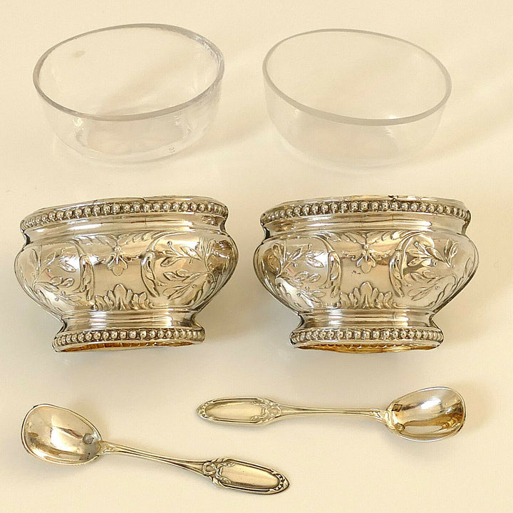Bezon French Sterling Silver 18k Gold Salt Cellars Pair, Spoons, Original Box