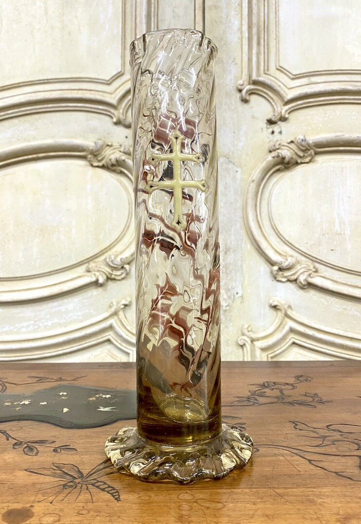 Émile Gallé - Vase Tube En Verre Dit «Chardon De Lorraine», Art Nouveau - 27cm