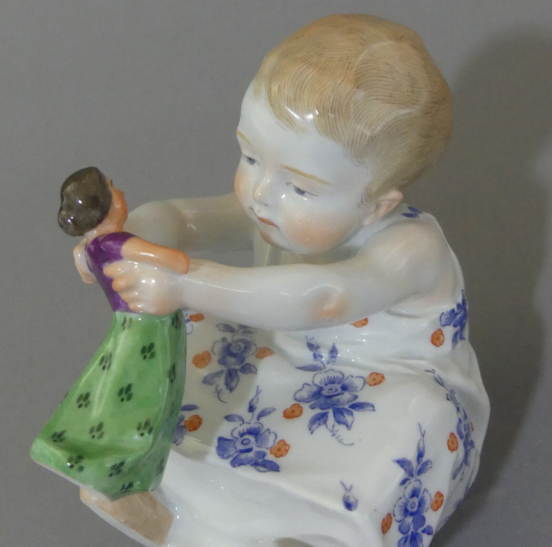 ⚔ Meissen Figur W 117 Hentschelkind Mädchen mit Puppe TOP v.1924 1.Wahl H.11cm