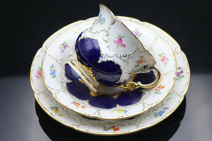 マイセンBフォームコーヒーセット、コバルトブルー、花に金彩