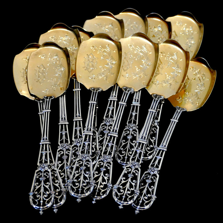 Puiforcat French Sterling Silver 18k Gold Ice Cream Set, Ferrure, Original Box