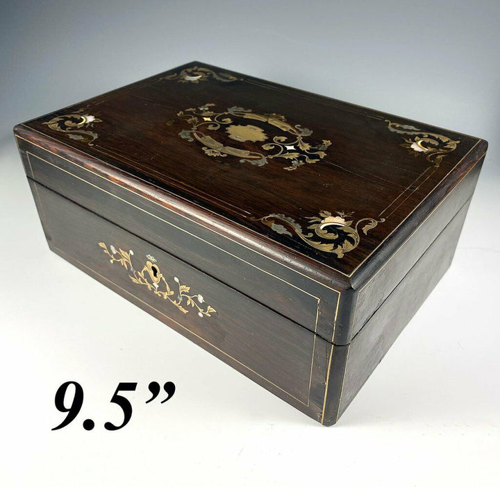 Antique French Boulle Rosewood Jewelry Box, Casket, Mother of Pearl Silver Inlay