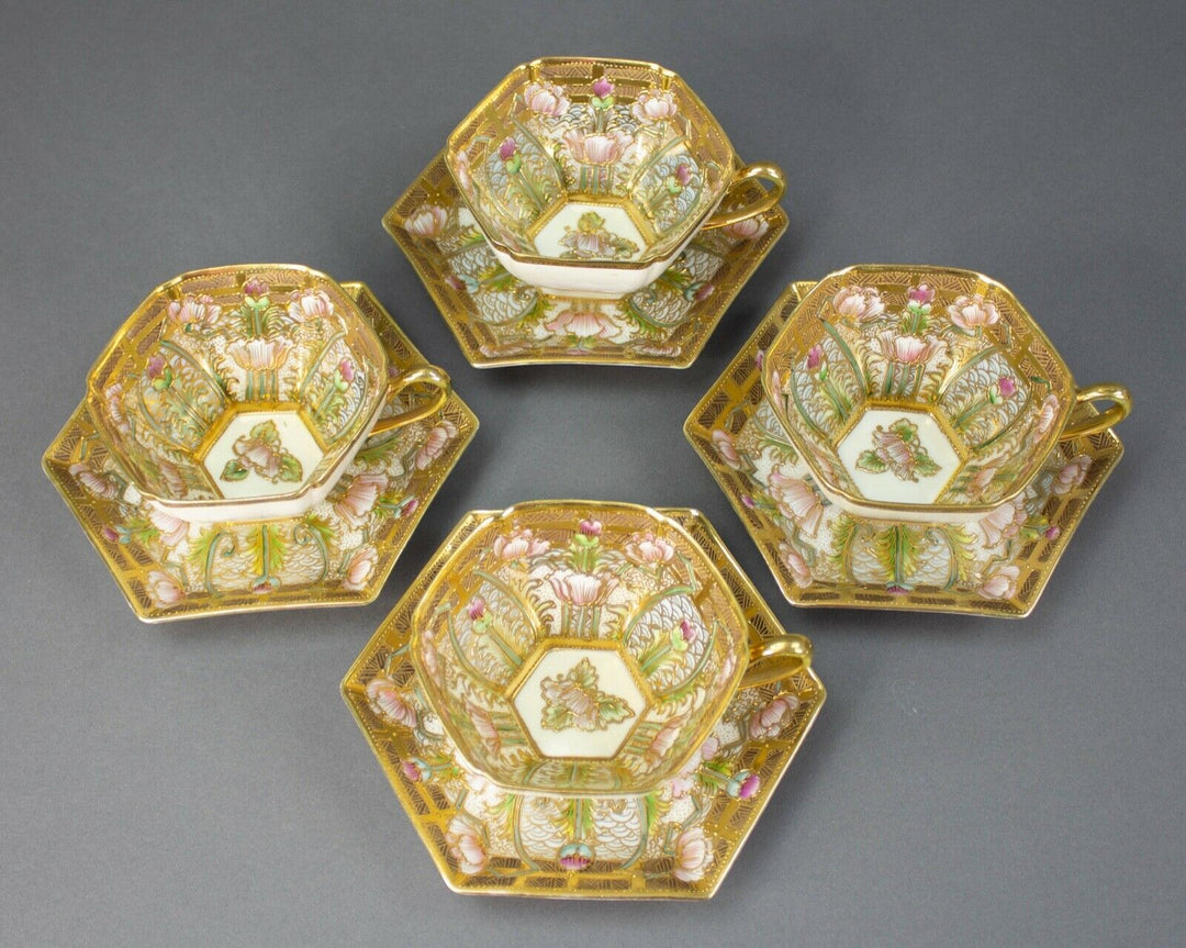 Nippon Hand Painted Embellished Gold Moriage Floral Tea Cups Saucers Rare Set 4