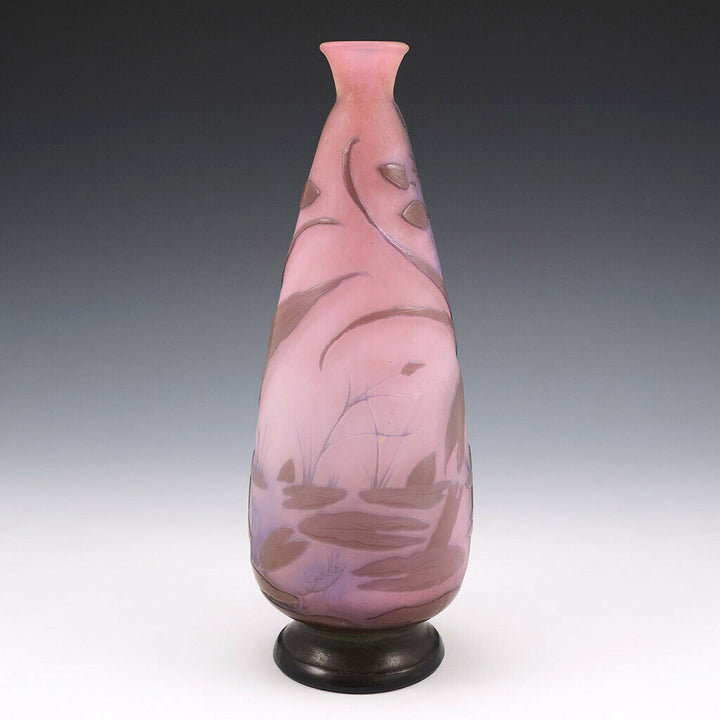 A Rare Galle Three Colour Aquatic Landscape Vase c1910