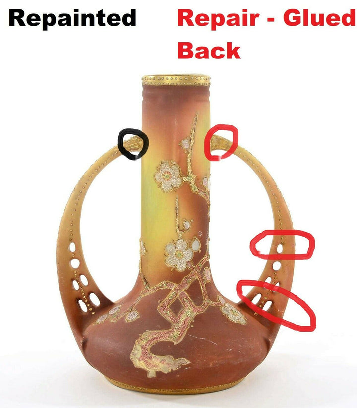 Japanese Nippon Porcelain Coralene Bead Handle Vase Plum Blossom Mk - AS IS