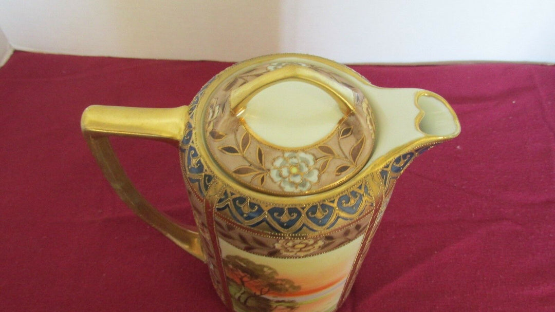 NIPPON GRN MRK GOLD ENAMELED FLOWERS DESIGN SWANS LAKE COTTAGE 8"T CHOCOLATE POT