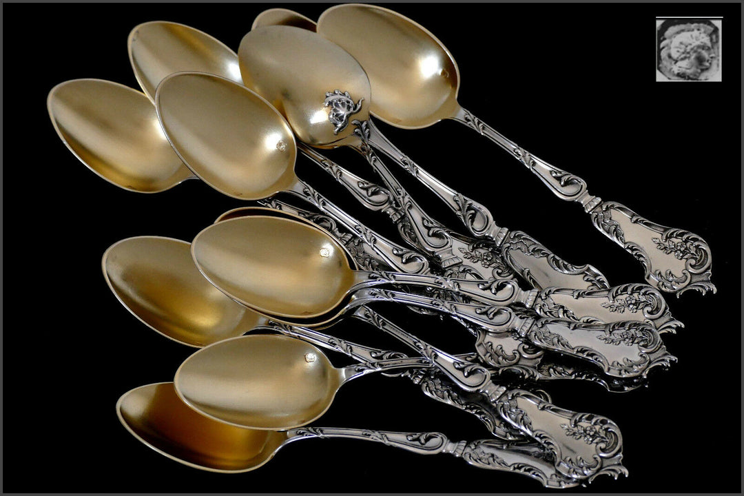 Soufflot French Sterling Silver 18k Gold Tea Coffee Spoons Set 12 pc Rococo
