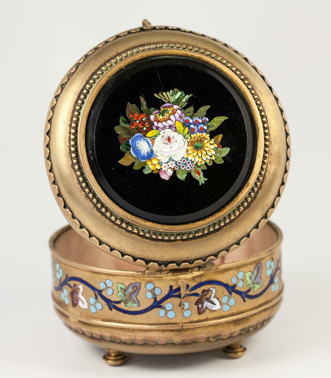 Antique Italian Micromosaic Powder Box, Enamel, Grand Tour c. 1840-60s Plaque