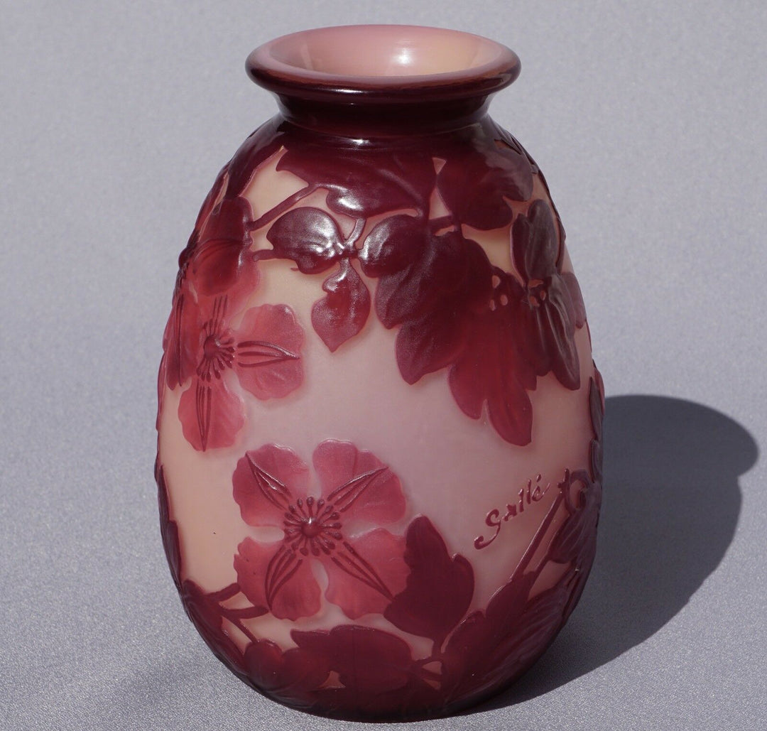 French Emile Galle Blown Out Soufle Vase Red Pink Clematis Flowers