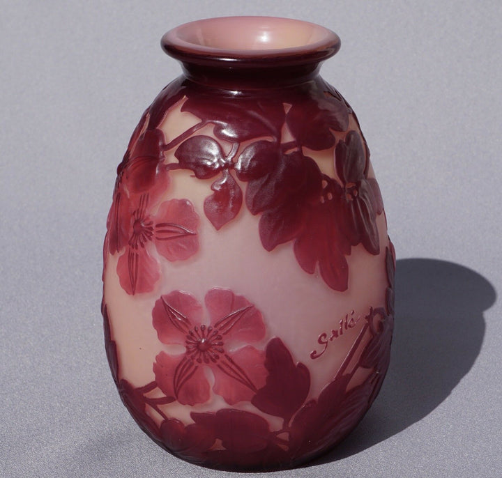 French Emile Galle Blown Out Soufle Vase Red Pink Clematis Flowers