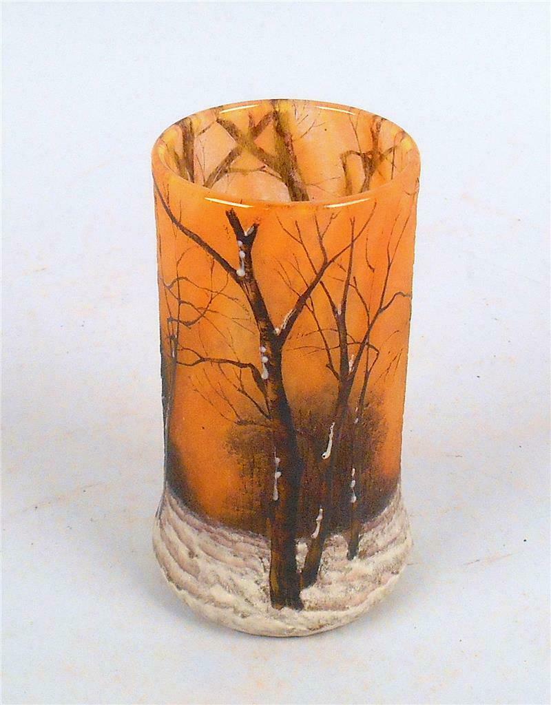 SIGNED DAUM NANCY WINTER SCENIC WOODLAND DECOR 6" VASE