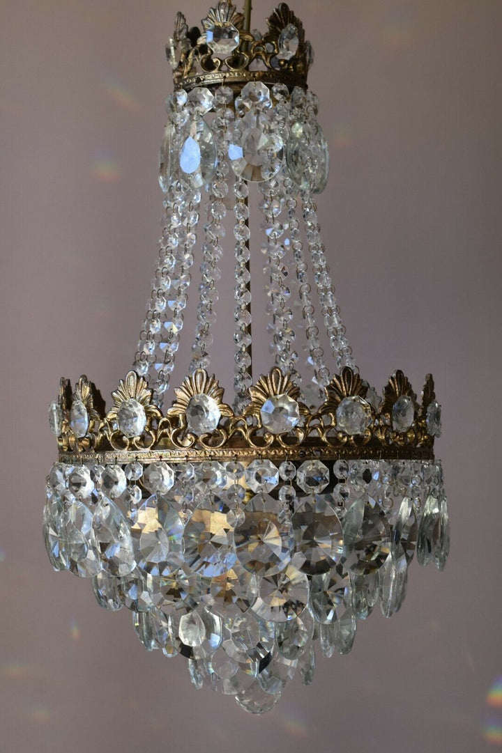 Original Vintage Crystal Chandelier, Antique Lighting, 1950s Pendant, Light,Lamp