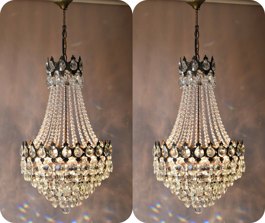Two Matching Antique Vintage Crystal Chandeliers, Ceiling Lighting, pendants
