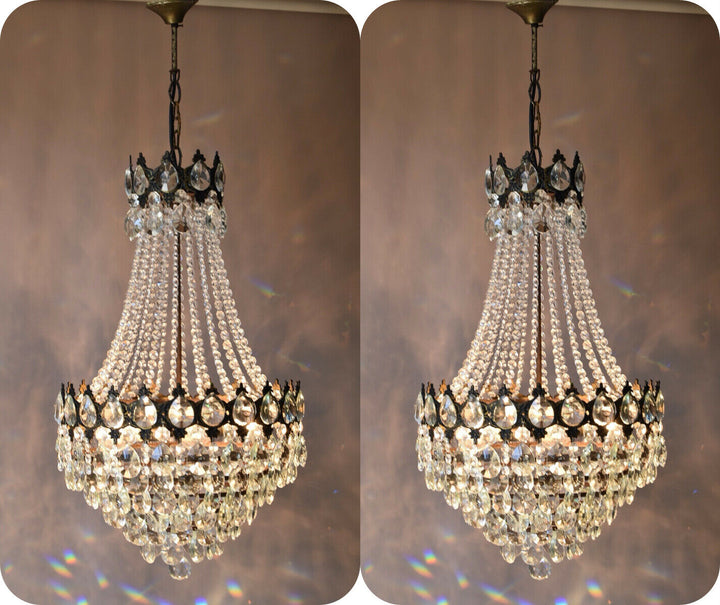 Two Matching Antique Vintage Crystal Chandeliers, Ceiling Lighting, pendants