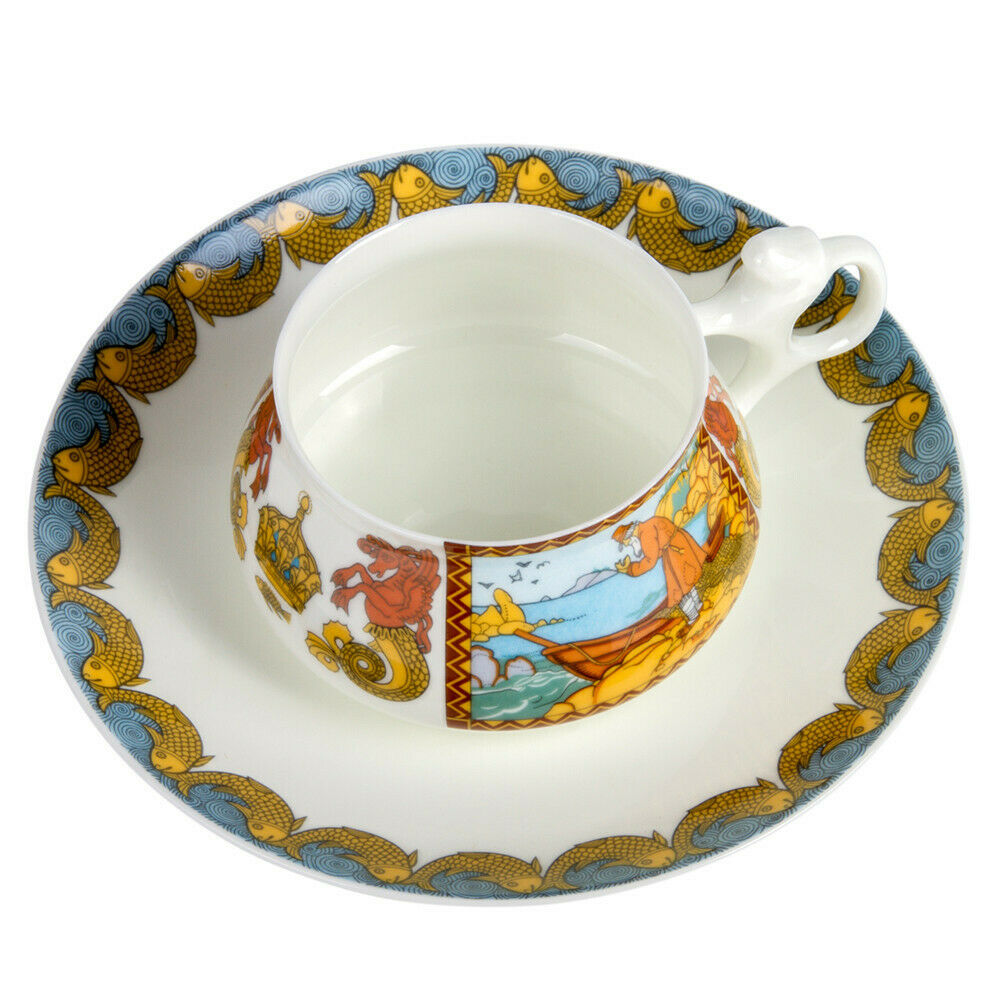 Imperial Porcelain Teacup & Saucer TALE OF THE FISHERMAN AND FISH, LOMONOSOV