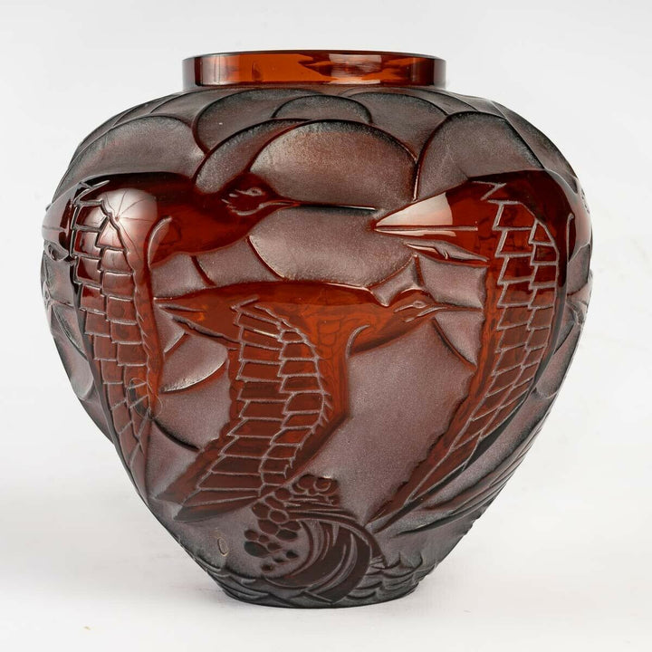 Vase Courlis René Lalique Ambre Patiné Blanc R.Lalique Amber Glass White Patina