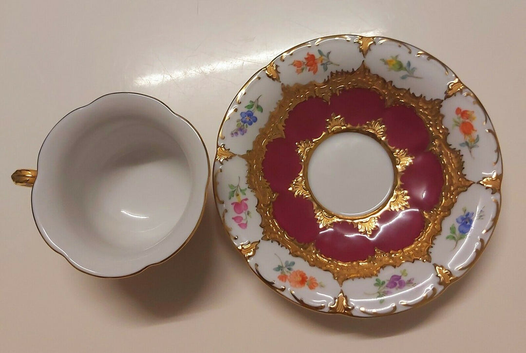 マイセンBフォーム、コーヒー2点セット、花柄と赤釉に金彩