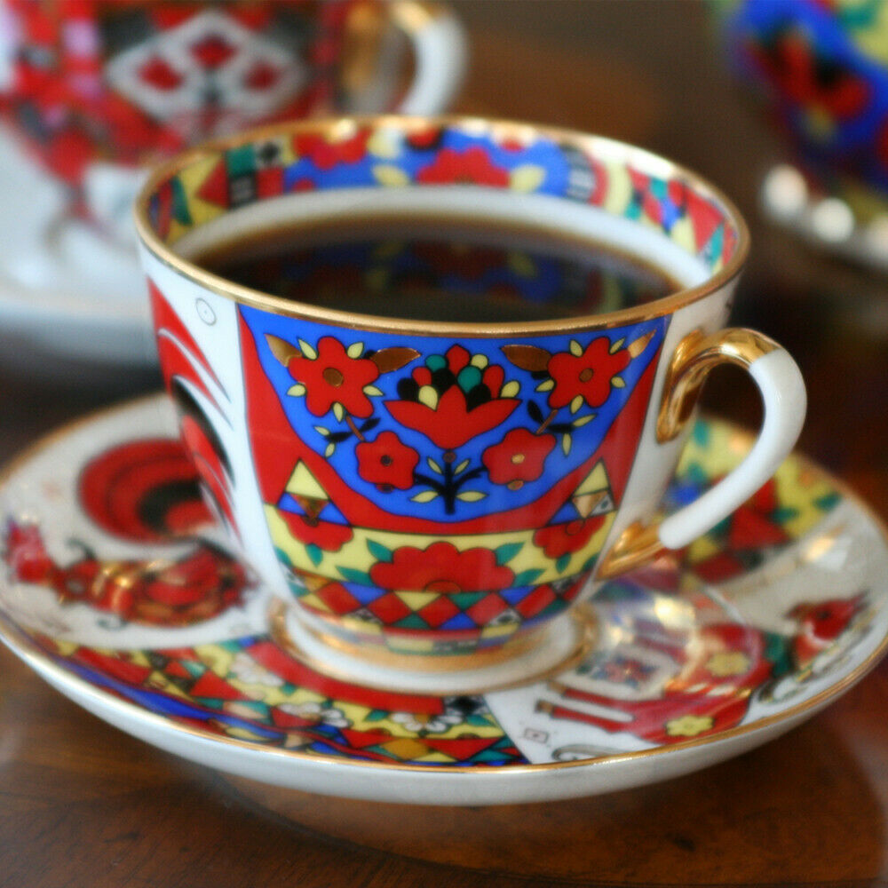 Folk Patterns Teacup & Saucer by Imperial Lomonosov Porcelain Red Rooster Luxury
