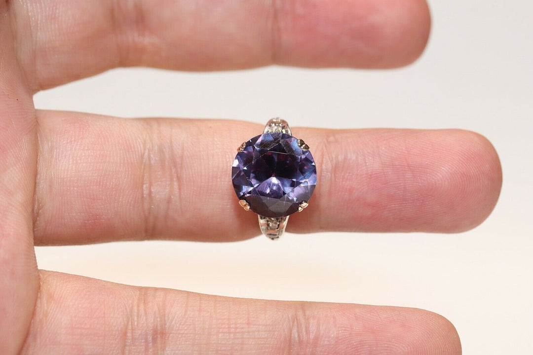 14K ナチュラルローズカットダイヤモンドとアメシストのリング